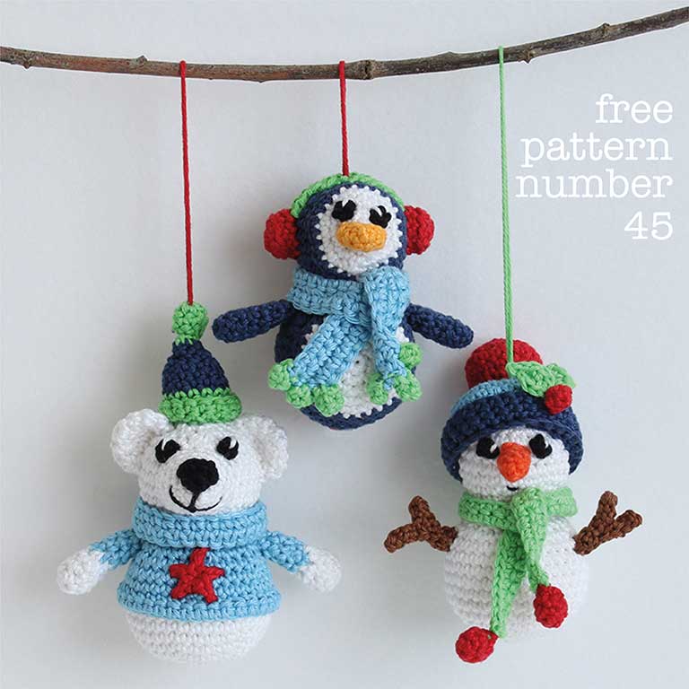 Picture for free snowman, polar bear and penguin snowy trio crochet pattern