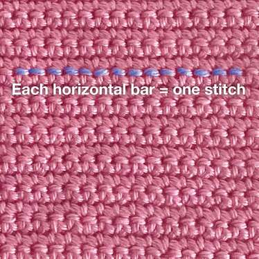 Picture of horizontal bars of stitch highlighted to help count the number in 10cm